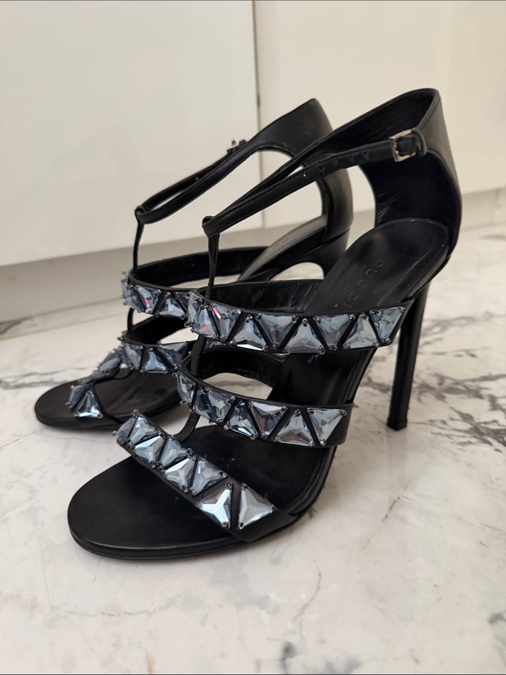 Gucci Black Crystal-Embellished T-Strap Stiletto Sandals